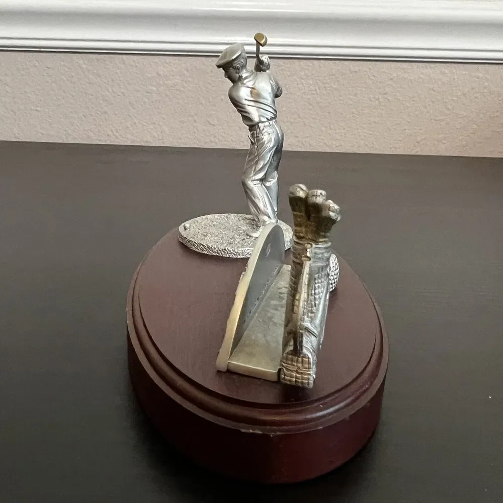 Vintage Golfer‎ Business Card Holder Pewter Wood Office Golf Library W T Wilson